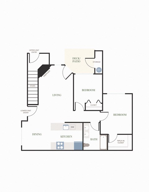 Floor plan for 2 beds, 1 bath, 950 sqft